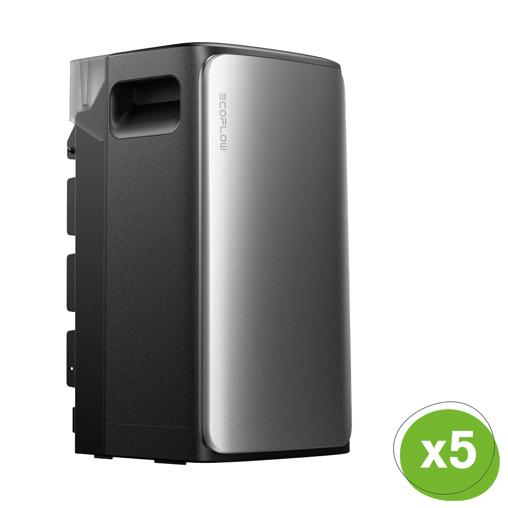 Schrägansicht: EcoFlow Stream AC-Pro Speicher, silber-grau, unten rechts ist ein grüner Kreis mit x5