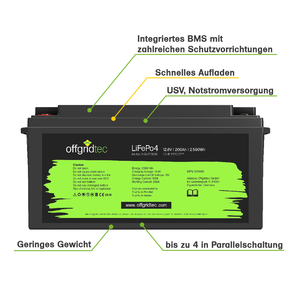 Offgridtec LifePo4 battery 12/200 12.8V 200Ah BMS integrated 2560Wh