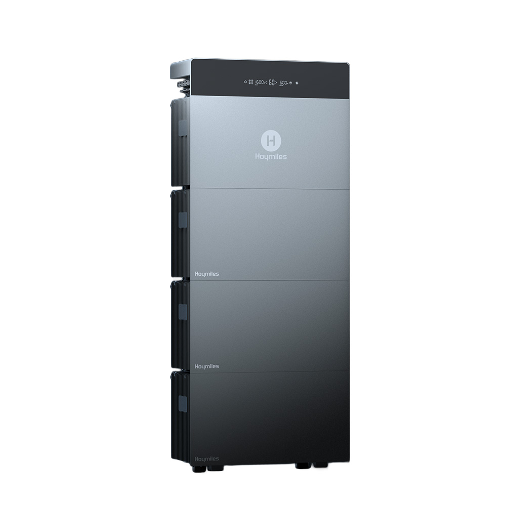Hoymiles HiBattery HB-4020-X Energiespeicher mit drei Erweiterungsakkus vertikal angeordnet in abgestuften Grautönen und Logo auf der Vorderseite von links