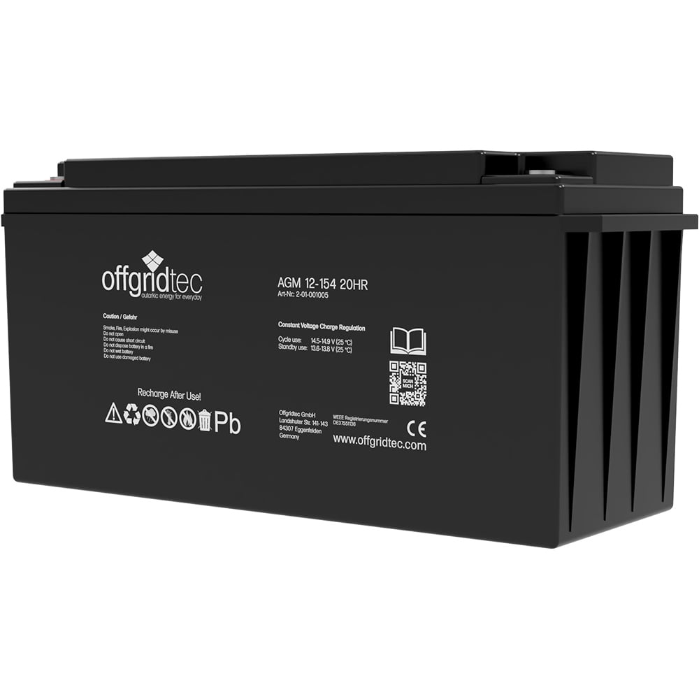 Batterie in schwarz, Ansicht schräg, sichtbare Aufschrift und Ansteckpole