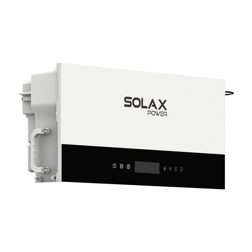 Schrägansicht von links: weißer Solax X1-IES-3K Inverter, schwarzes Bedienfeld und Display vorne, seitlicher Griff Schrägansicht von links: weißer Solax X1-IES-5K AFCI Inverter, schwarzes Bedienfeld und Display vorne, seitlicher Griff