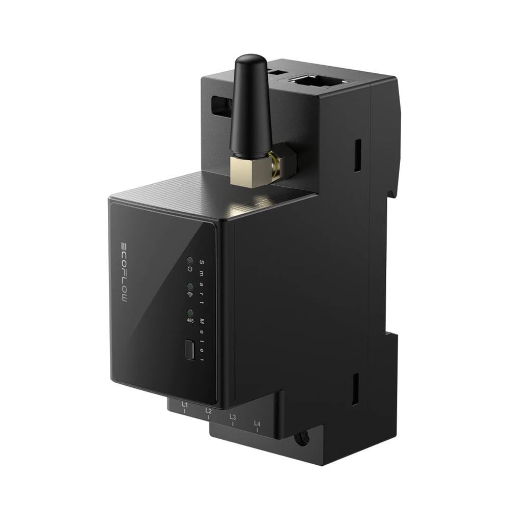 Schrägansicht: Schwarzer, dreiphasiger EcoFlow Stromzähler mit Antenne, Anschlüssen und LEDs