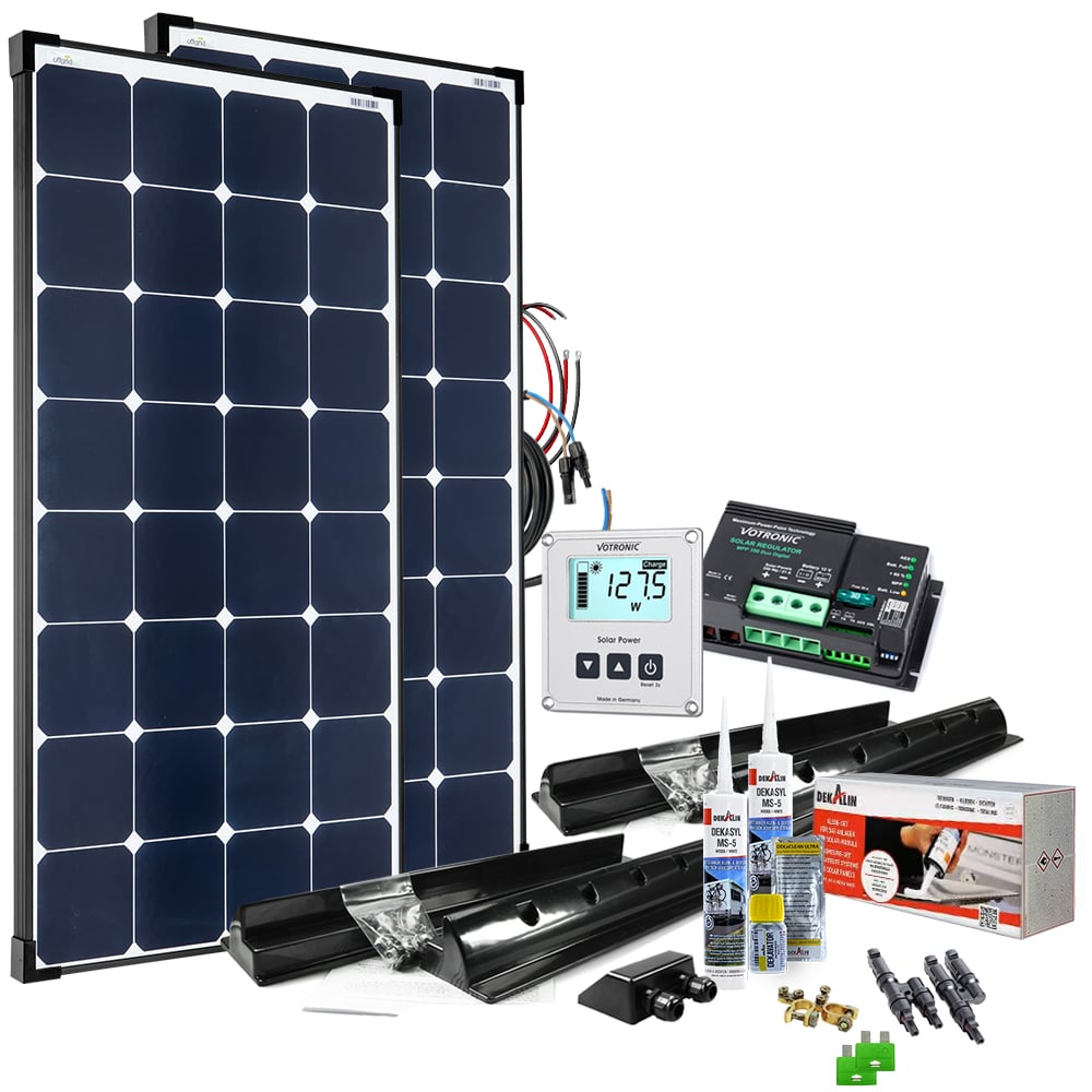 Solaranlage mit allen Komponenten, Solarmodule, Solarladeregler, Verkabelung, Haltespoiler und Klebe-Set