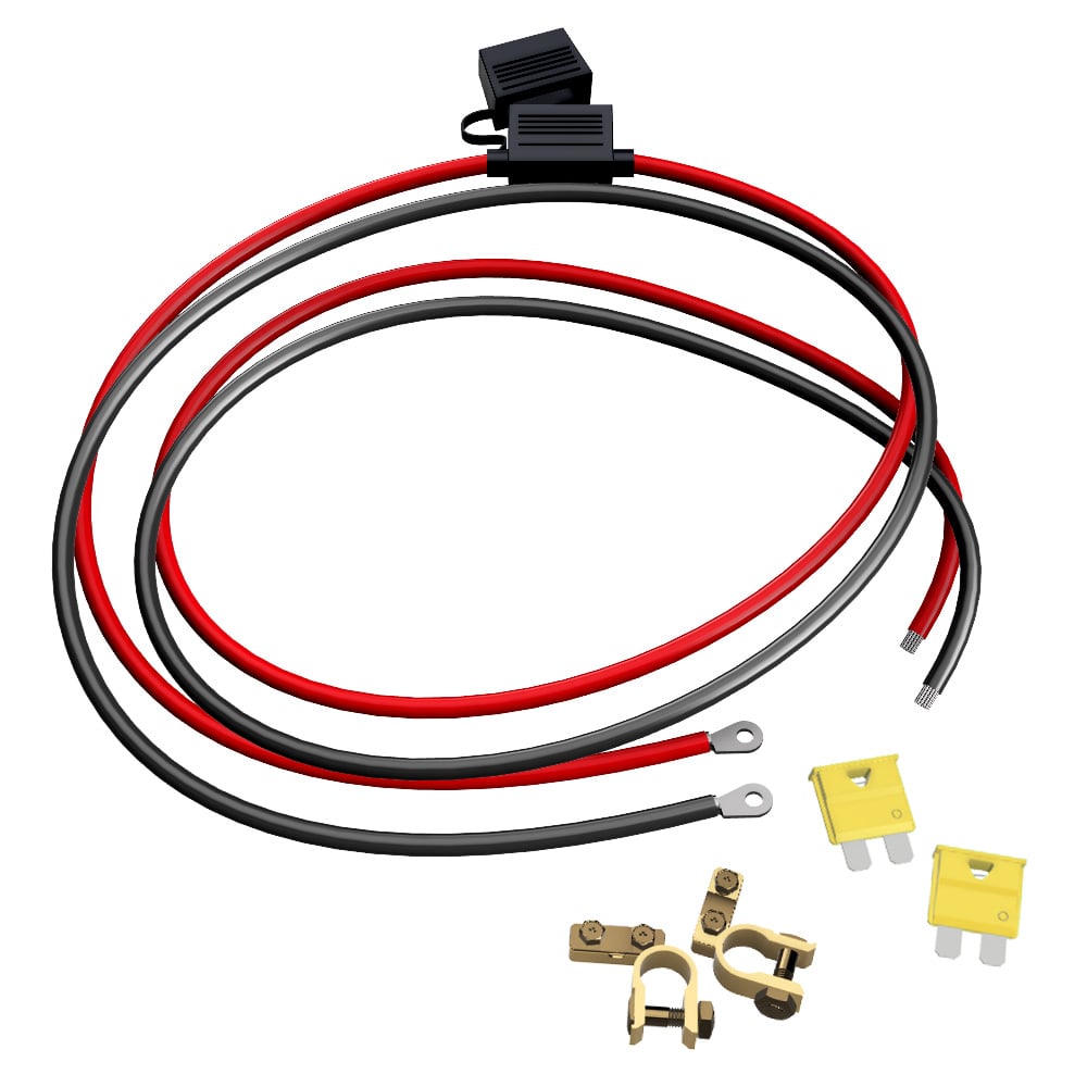 Aufgewickeltes Offgridtec Batteriekabel M8 mit Flachsicherungshalter, schwarz rot inklusive 2x 20A Sicherungen und Polklemmen