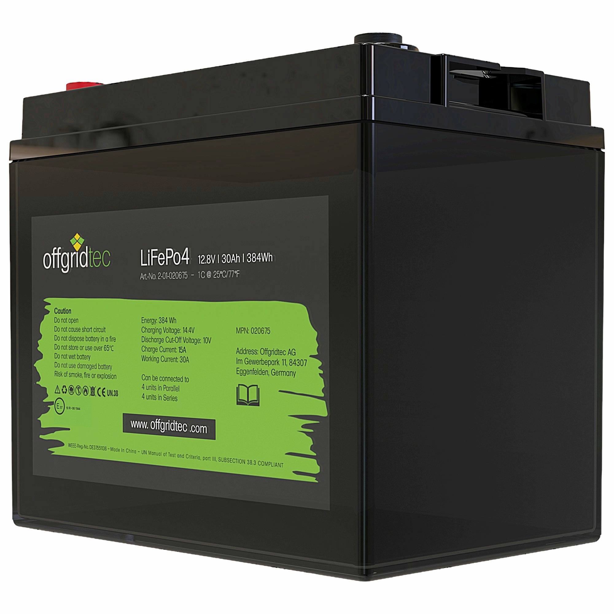 schwarze Offgridtec LiFePO4 Batterie 12V 30Ah Schrägansicht rechts