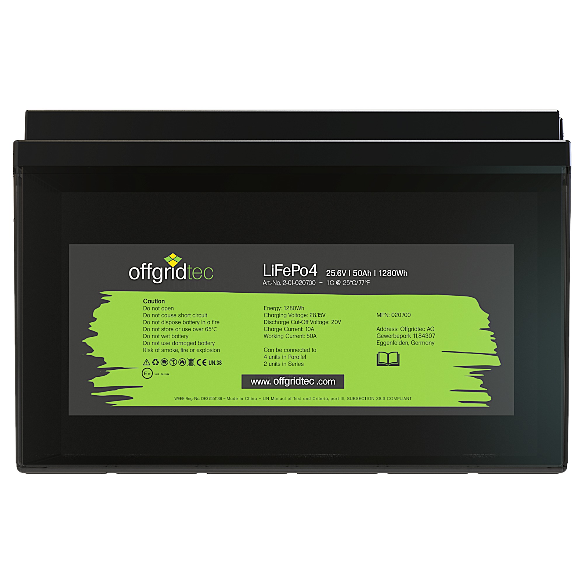 schwarze Offgridtec LiFePO4 Batterie 24V 50Ah Frontalansicht Etikett