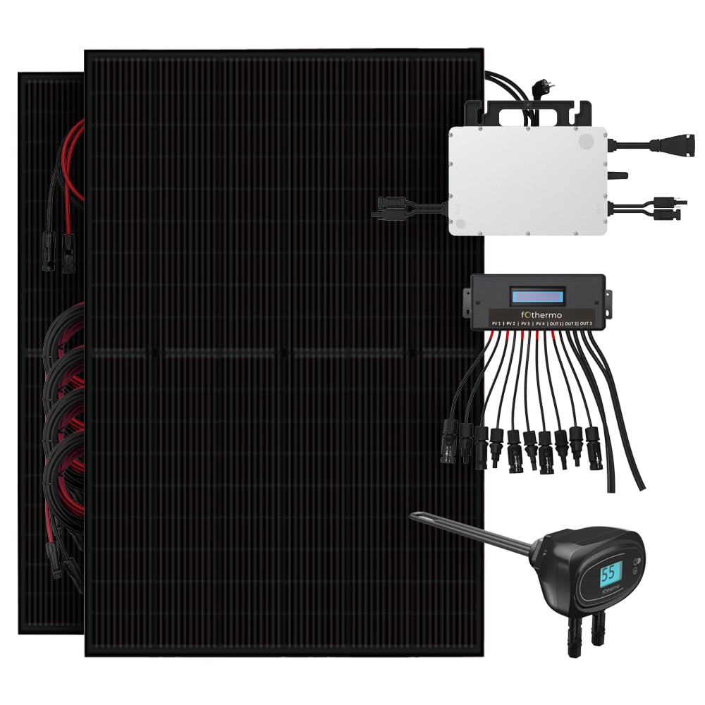 Setansicht: 2 Solarmodule, Hoymiles Mikrowechselrichter, Fothermo Umschaltgerät und Heizstab und passende Kabeln fürs System