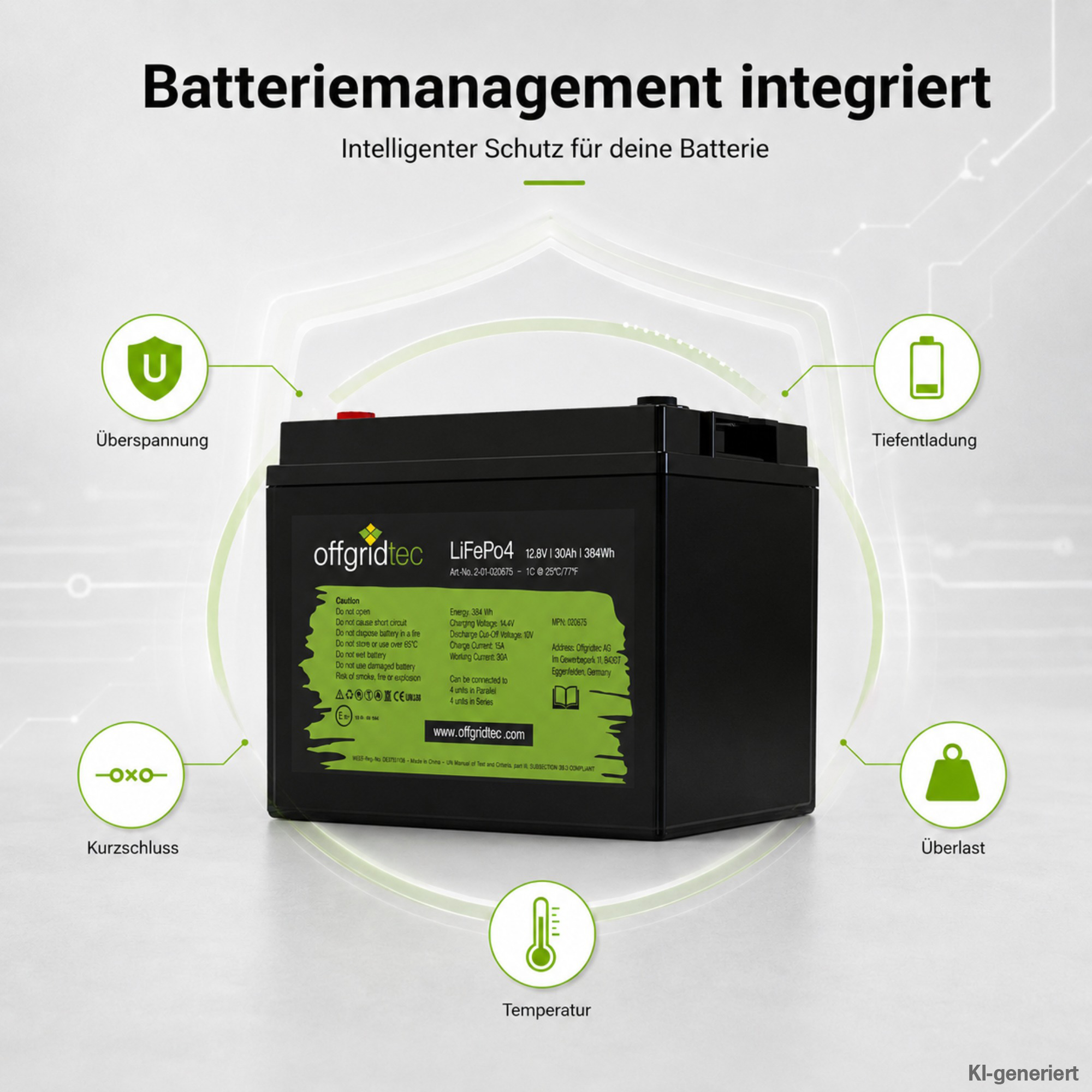 schwarze Offgridtec LiFePO4 Batterie 12V 30Ah integriertes Batteriemanagement