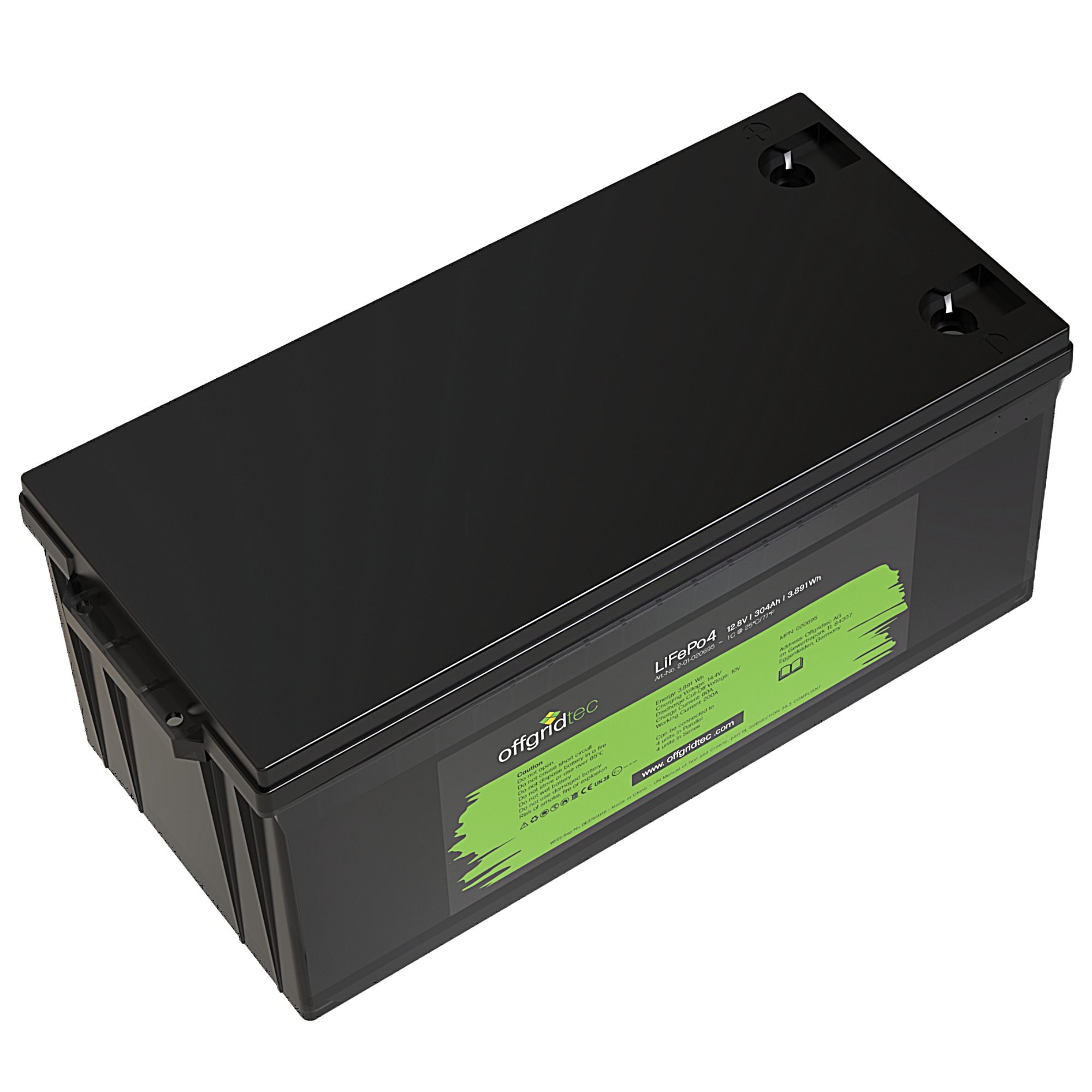 schwarze Offgridtec LiFePO4 Batterie 12V 300Ah Schrägansicht oben links