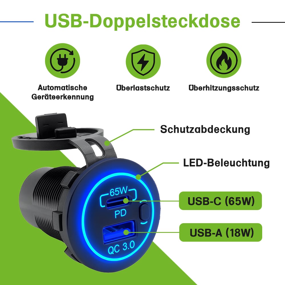 Offgridtec Dubbele USB-autolader 65W USB-C + 18W USB-A – Met Aan/uit-schakelaar, IP66 Waterdicht, Voor Auto, Camper, Boot En Truck