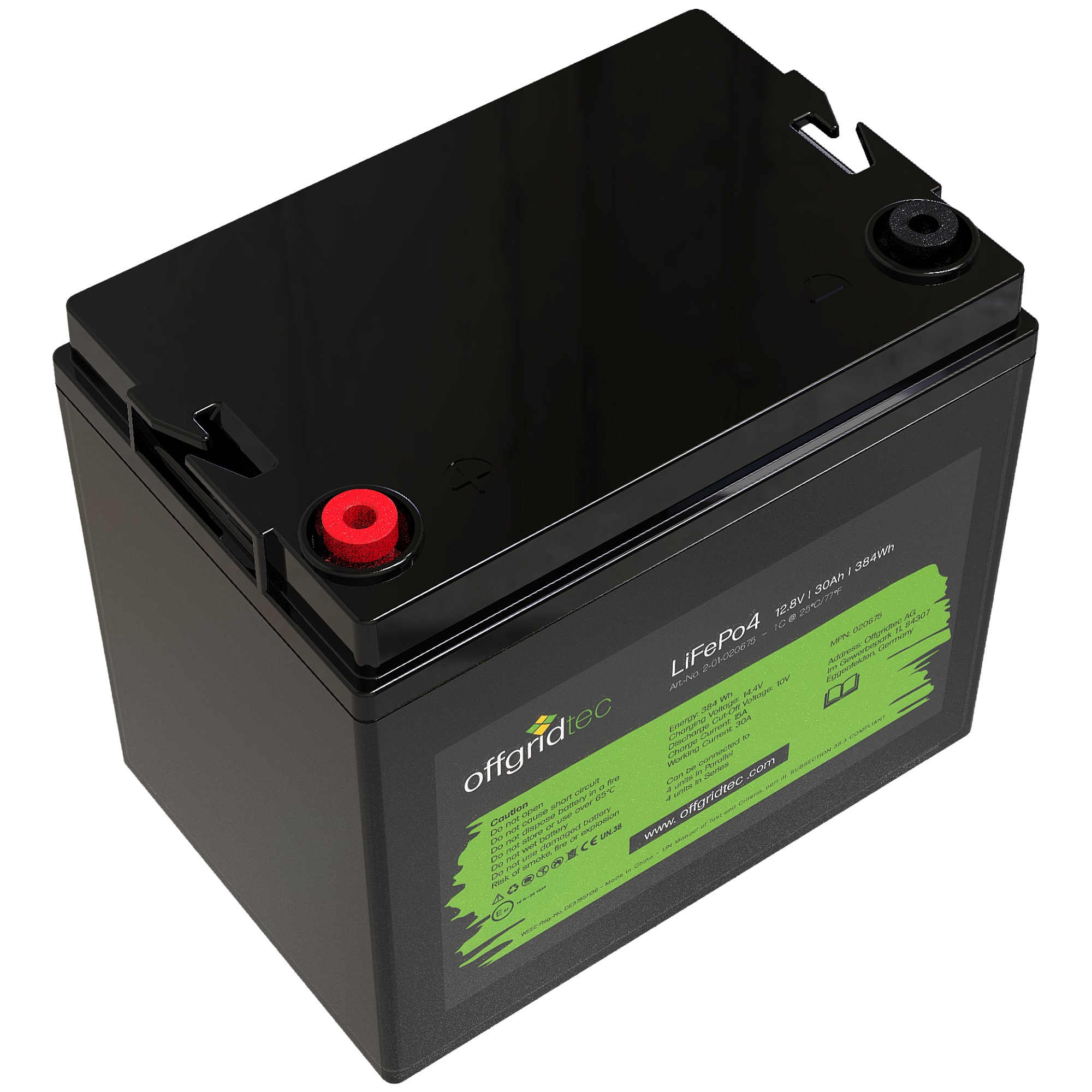 schwarze Offgridtec LiFePO4 Batterie 12V 30Ah Schrägansicht oben links