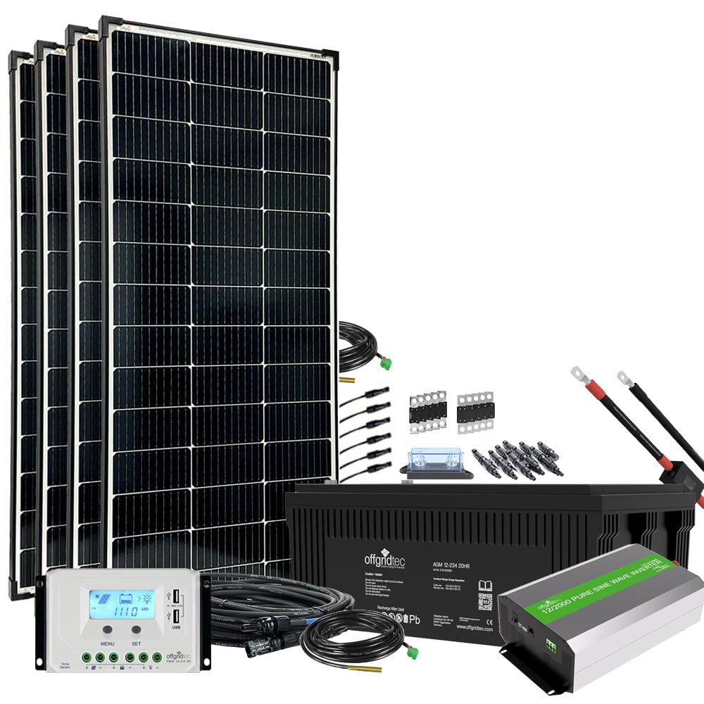 Solar-Komplettsystem mit 4 Solarpanels, AGM-Batterie, Laderegler, Spannungswandler und umfangreichem Zubehör
