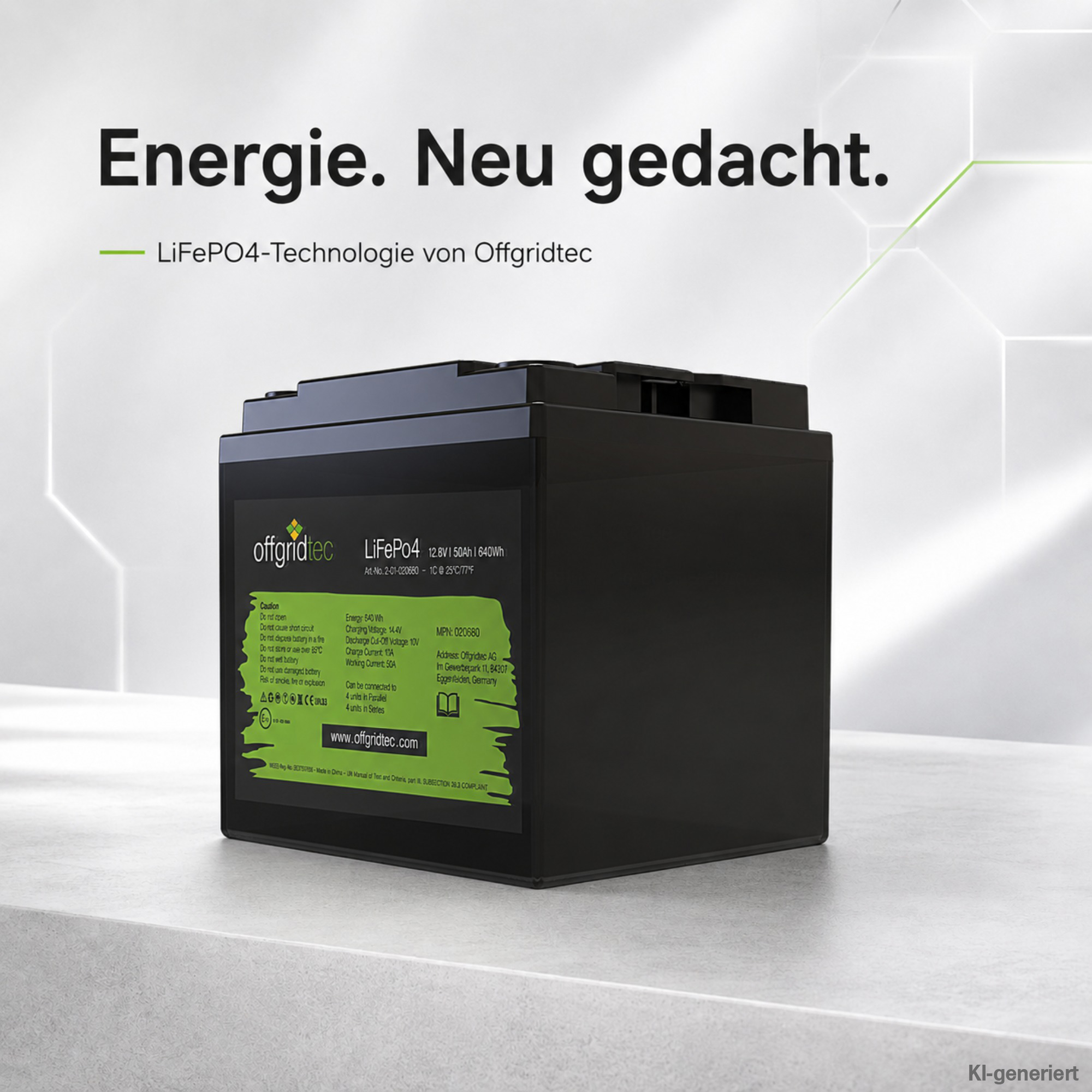 schwarze Offgridtec LiFePO4 12V 50Ah auf grauem Untergrund