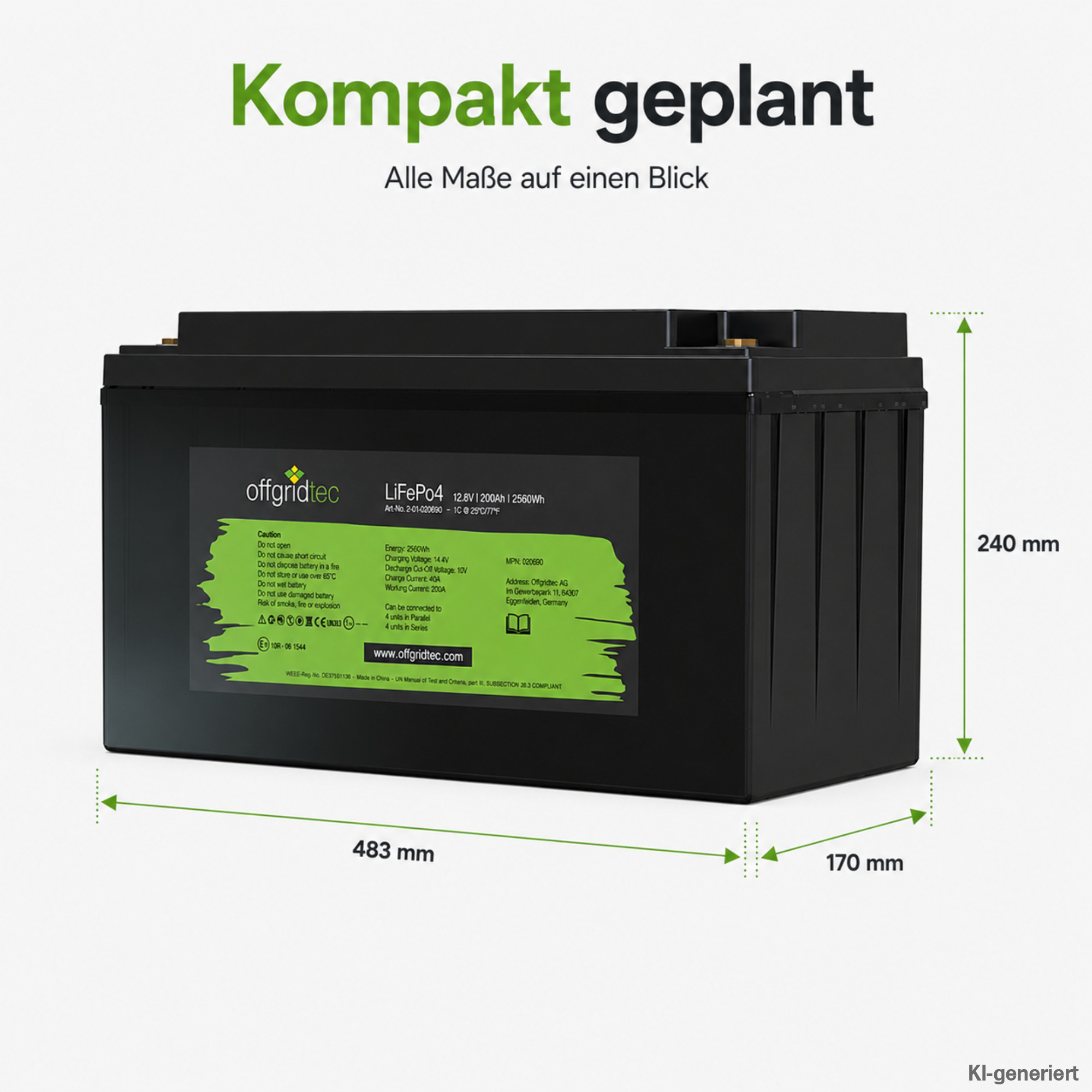 schwarze Offgridtec LiFePO4 Batterie 12V 200Ah Abmessungen