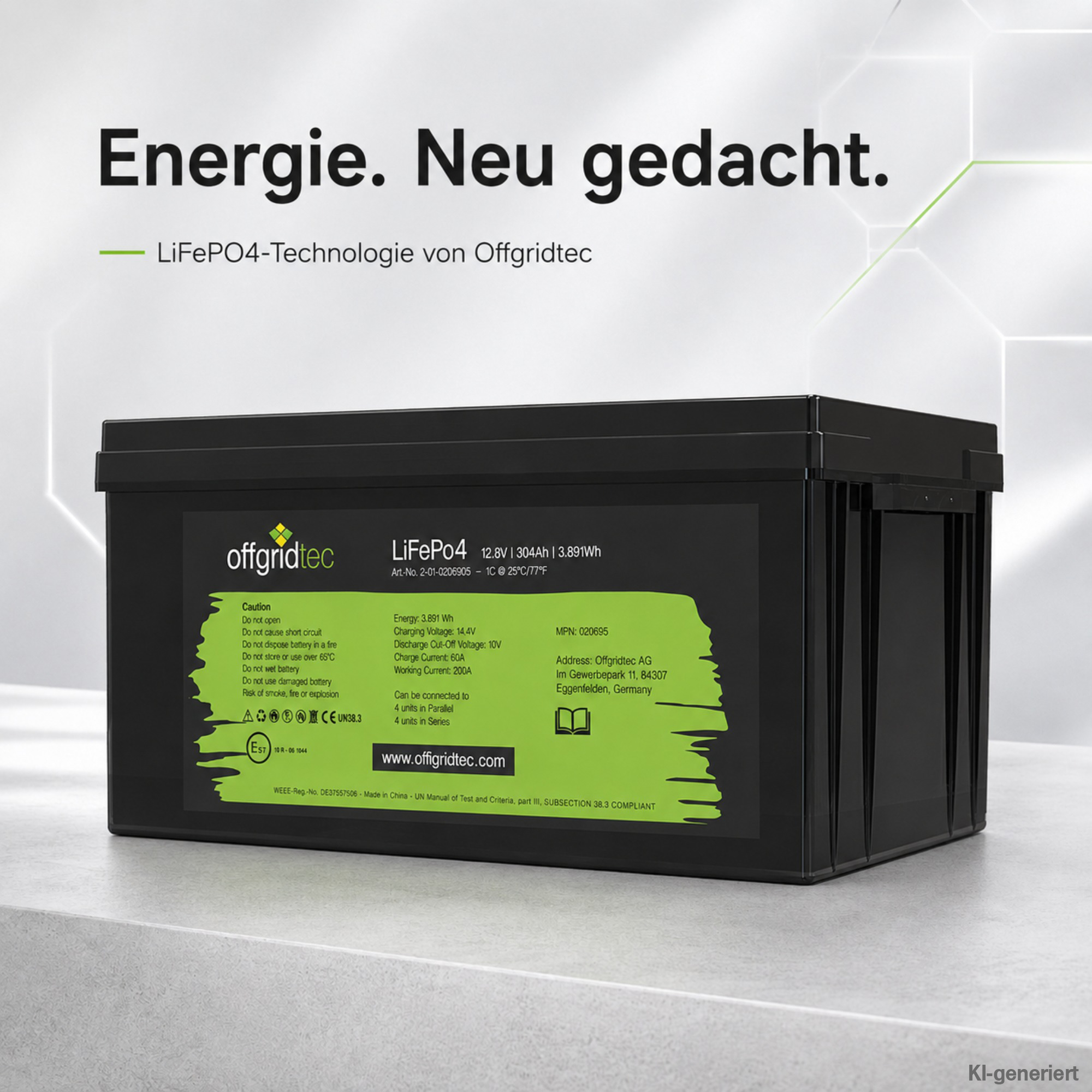 schwarze Offgridtec LiFePO4 Batterie 12V 300Ah auf rauem Untergrund