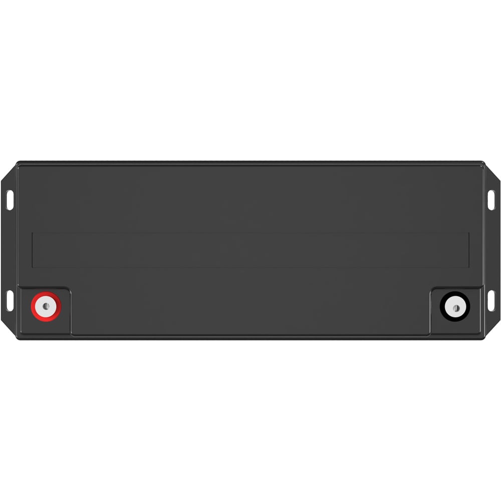 Batterie in schwarz, Ansicht von oben, sichtbare Aufschrift und Ansteckpole