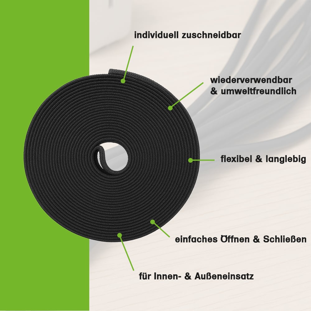 Klett-Kabelbinder 2m x 10mm Schwarz zuschneidbar für Kabelmanagement