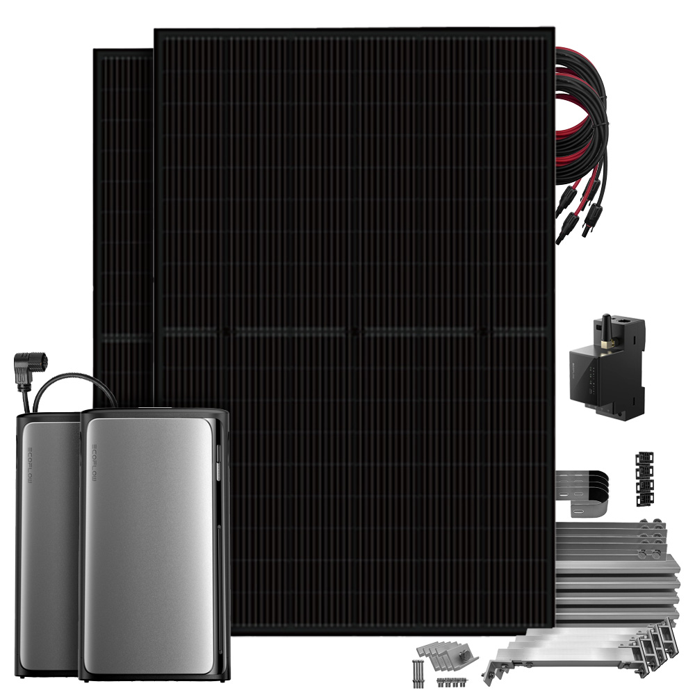 Setansicht: 2 Solarmodule, EcoFlow Stream Pro All-in-One System, AC Pro Batterie, Smart Meter, Kabeln und Balkon-Montageset