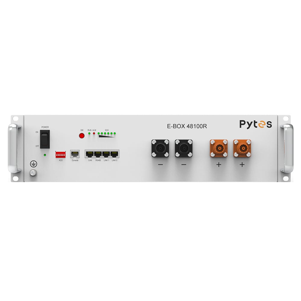 Frontansicht: hellgraue, rechteckige Pytes E-Box 48100R-C Batterie mit silbernen Halterungen und Knöpfen/Anschlüssen