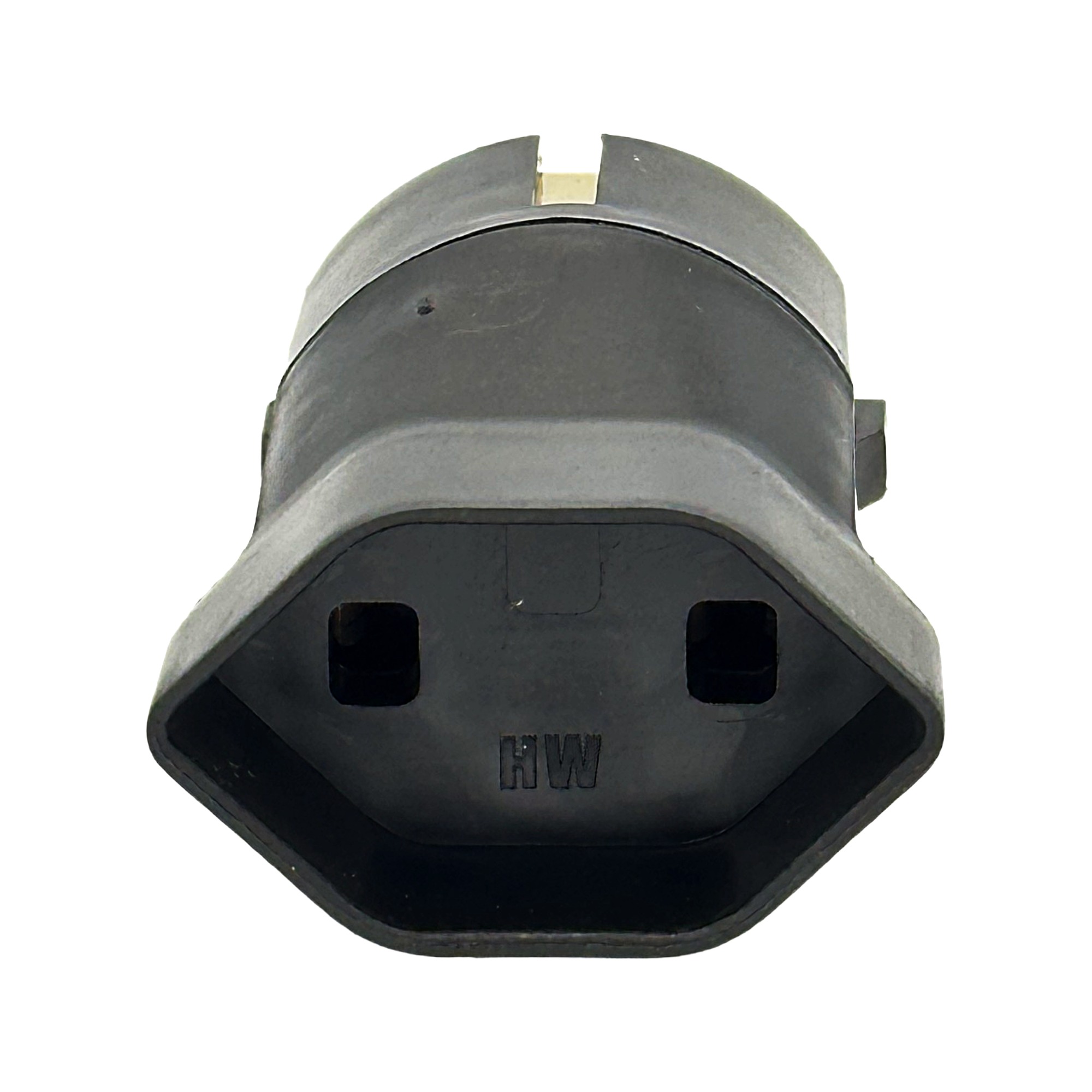 Schwarzer Adapter Schuko auf Typ 21 Rückansicht