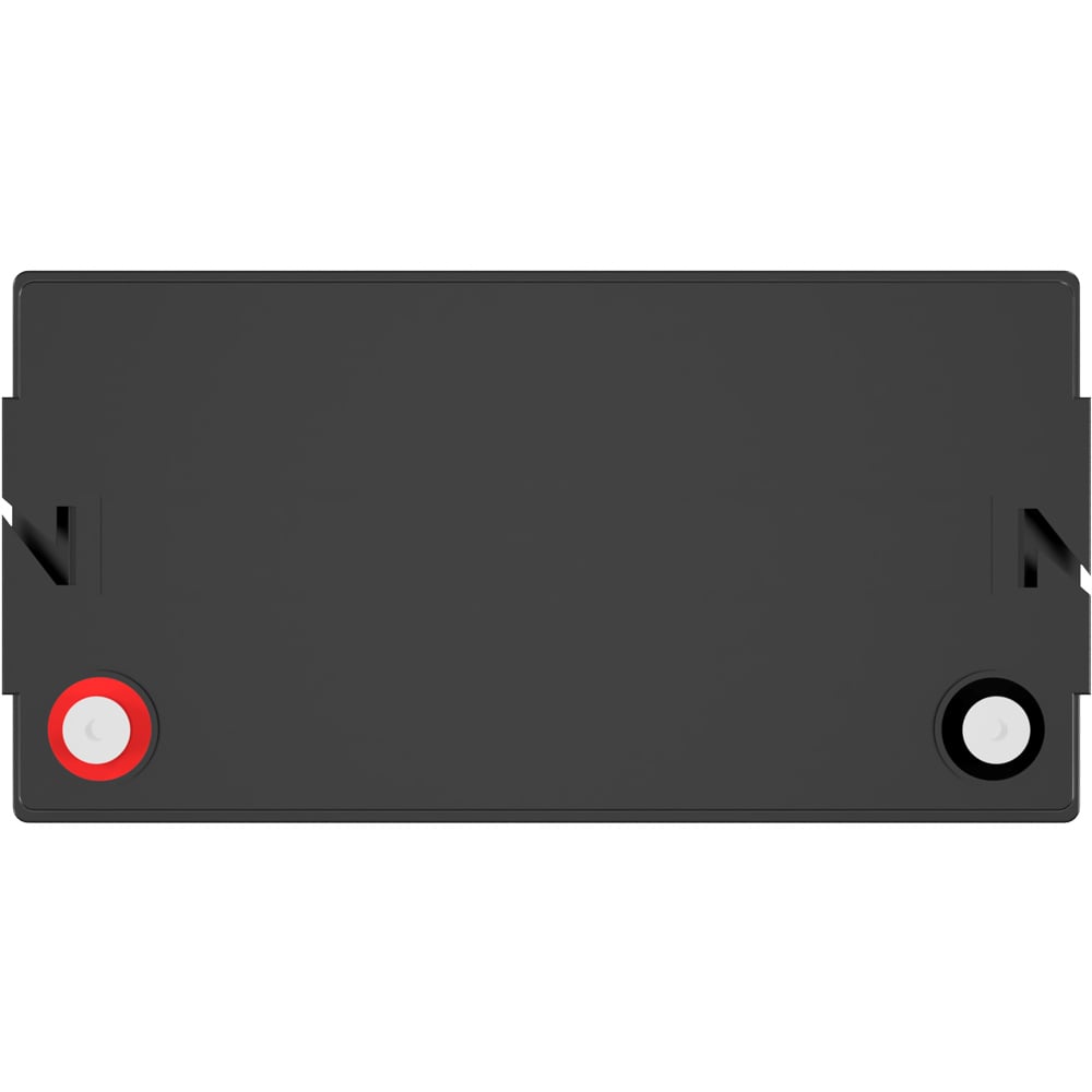 Batterie in schwarz, Ansicht von oben, sichtbare Aufschrift und Ansteckpole
