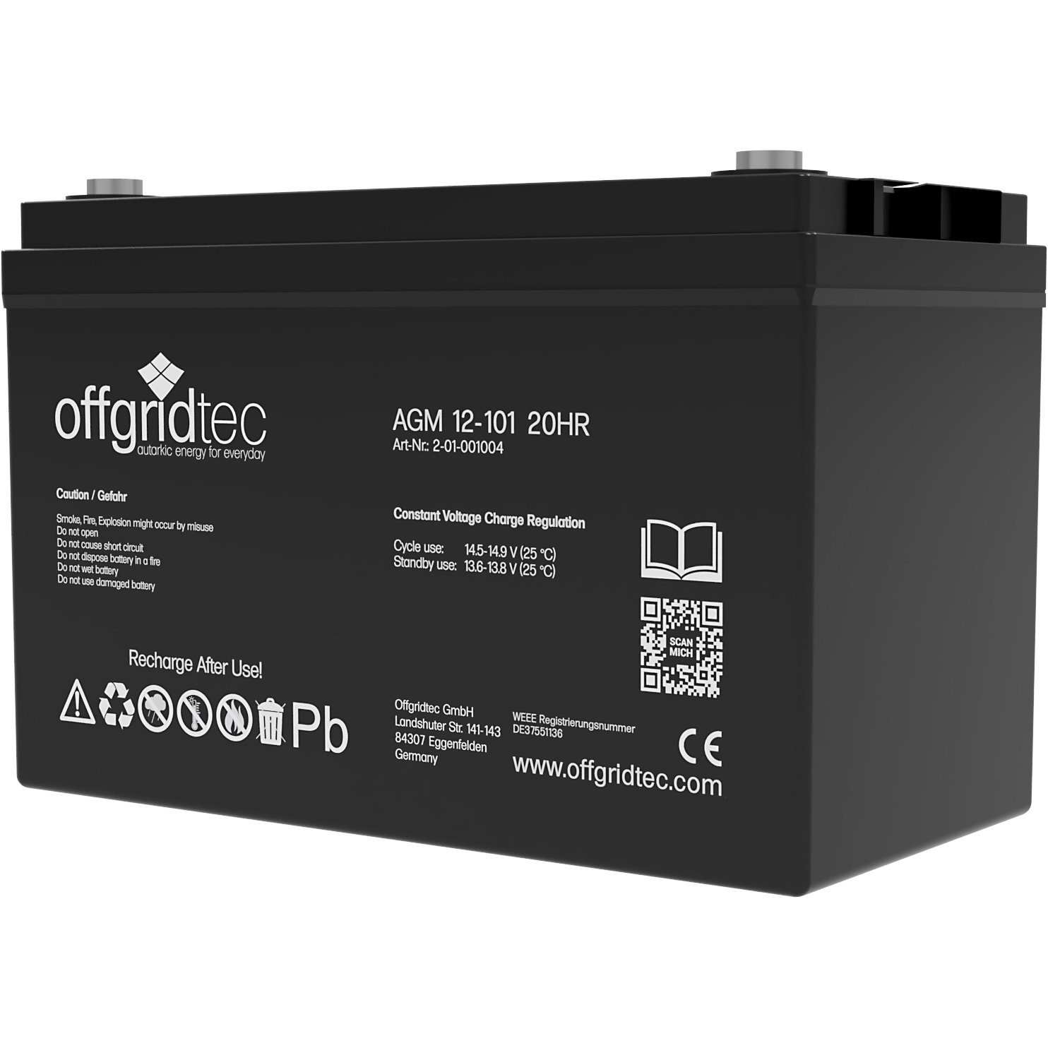 Batterie in schwarz, Ansicht schräg, sichtbare Aufschrift und Ansteckpole