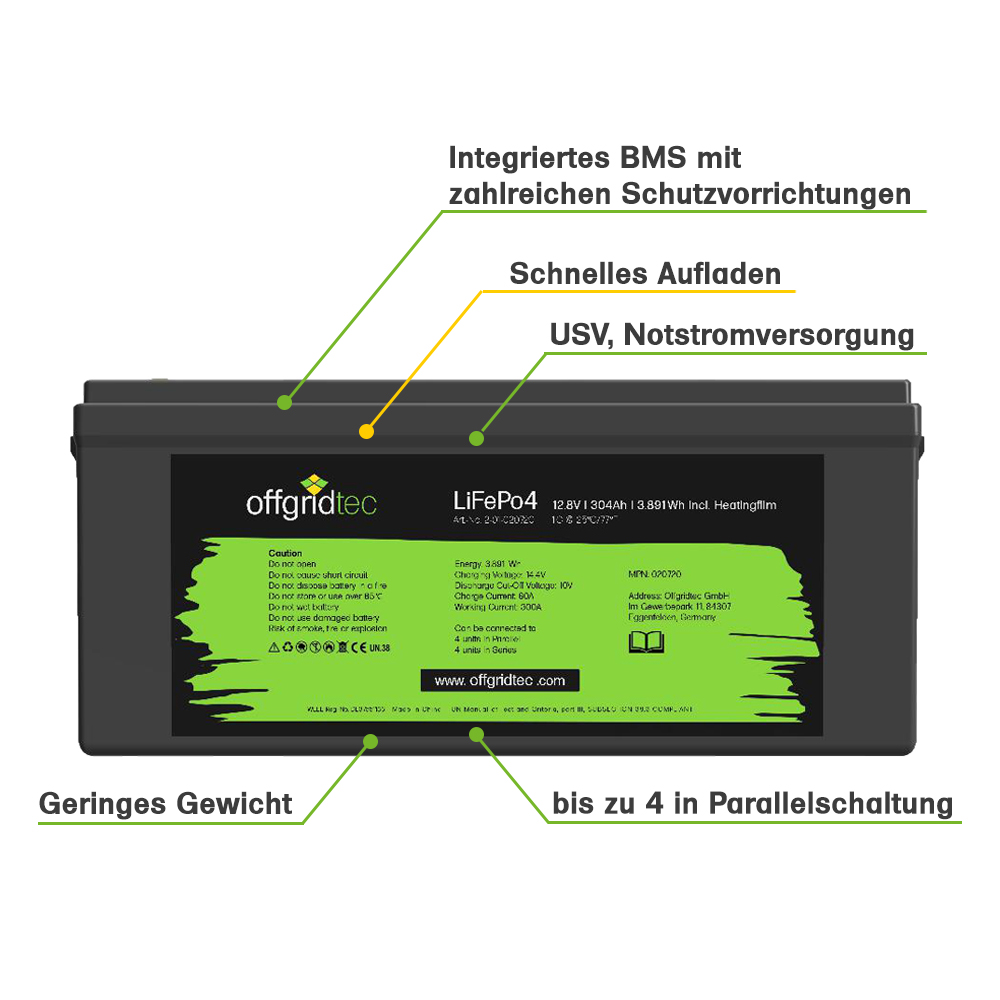 Offgridtec LifePO4 battery 12/300 12.8V 304Ah with BMS and heating mat 3840Wh