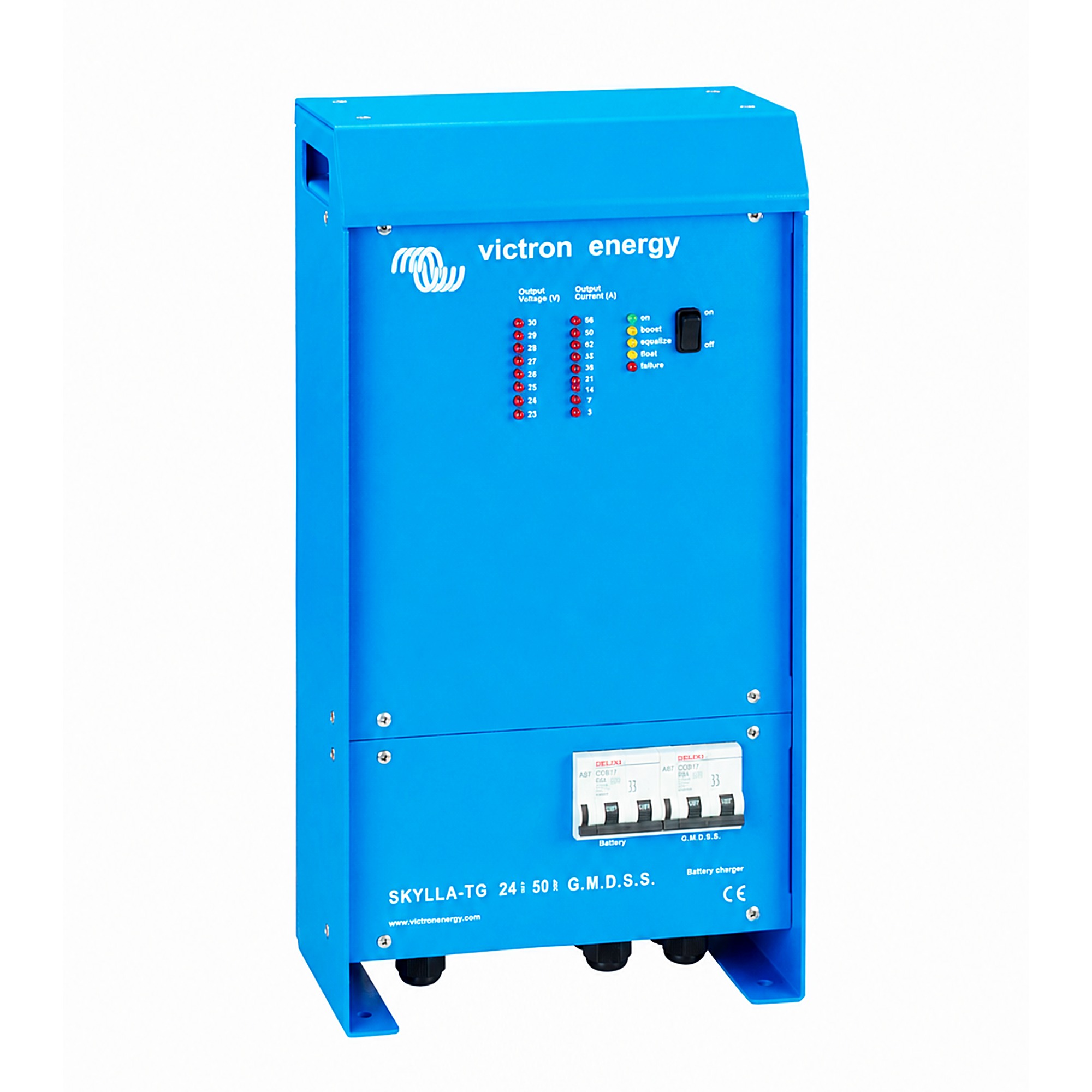 blaues Victron Skylla-TG GMDSS Batterieladegerät schräge Frontansicht links