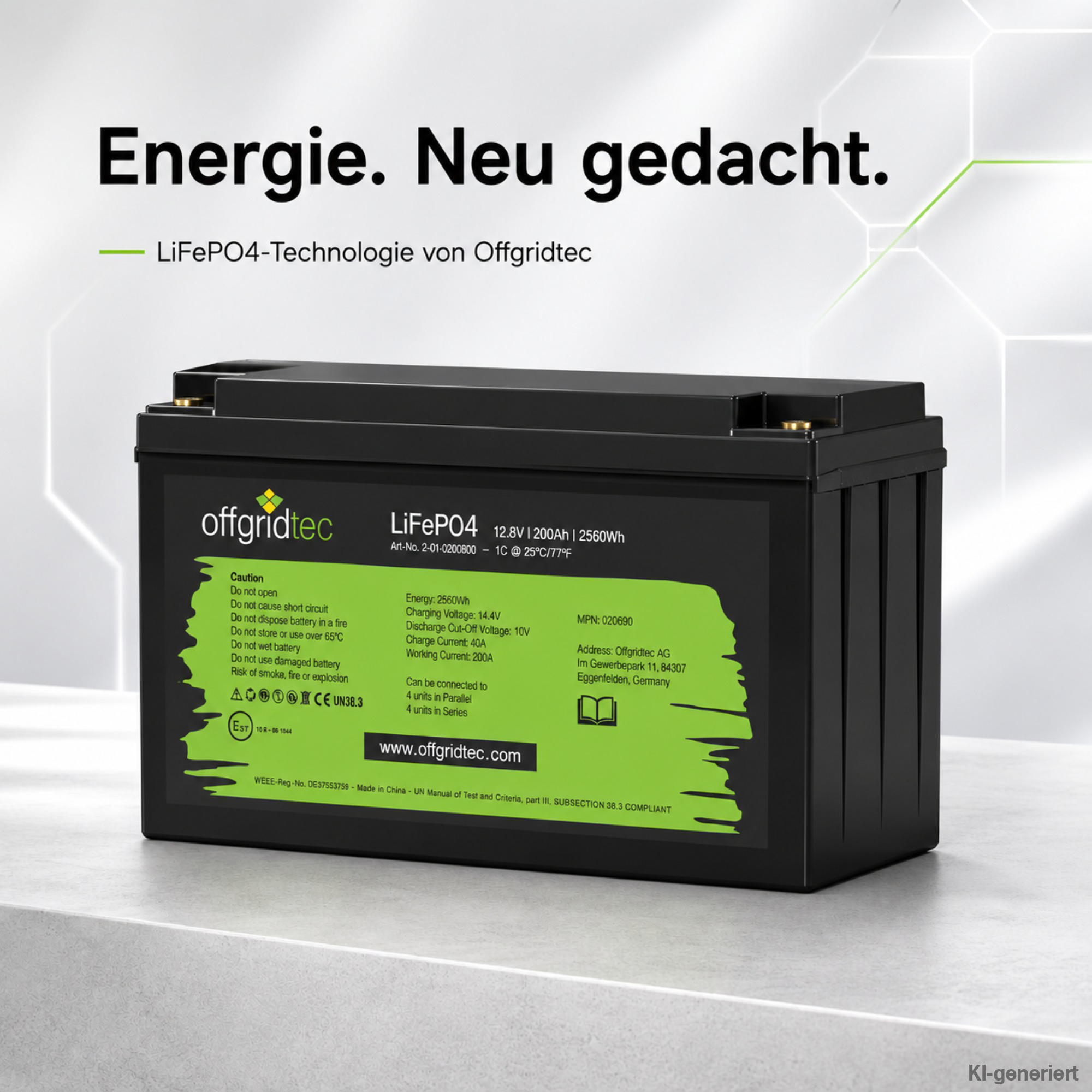 schwarze Offgridtec LiFePO4 Batterie 12V 200Ah auf grauem Untergrund