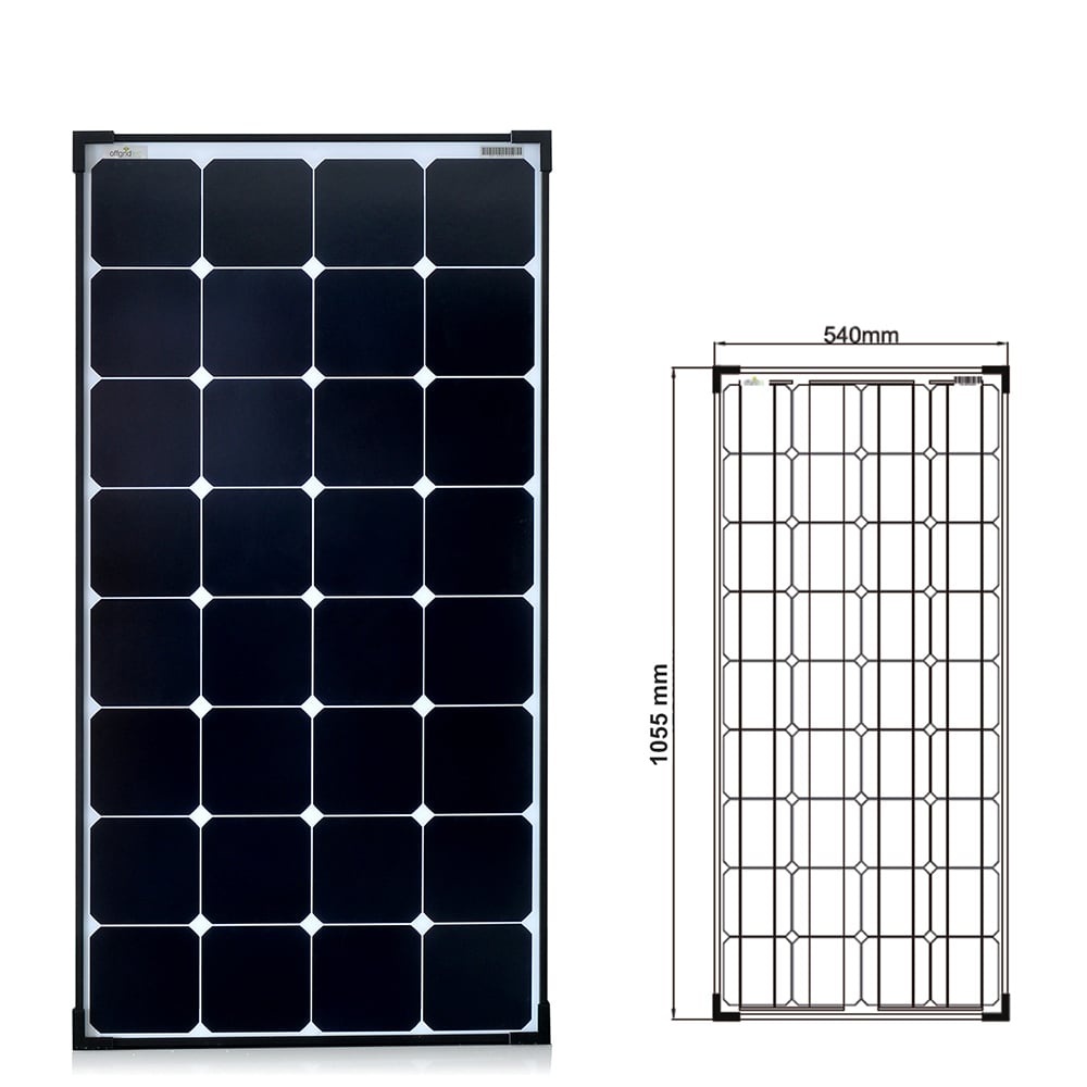 Solarmodul mit schwarzen Zellen und schwarzen Rahmen und Zeichnung mit Abmessungen