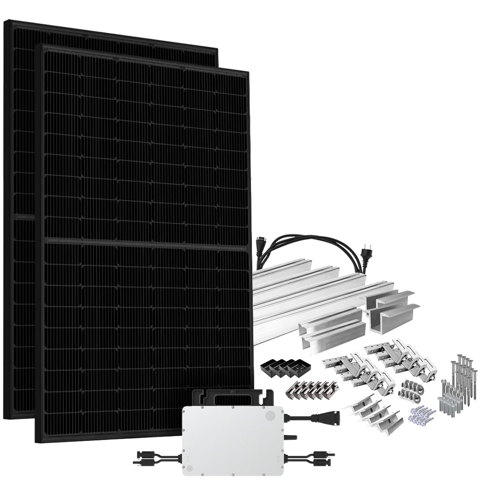 Offgridtec® Solar-Direct 900W HMS-800W-2T Balkonkraftwerk Bifazial Full Black Schukosteckdose - 5m - Montageset Ziegeldach