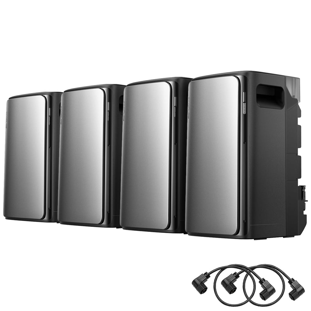 Setansicht: 1x EcoFlow Stream Pro Speicher-System, 3x Stream AC Pro Speicher, 2x Parallelschaltungskabel