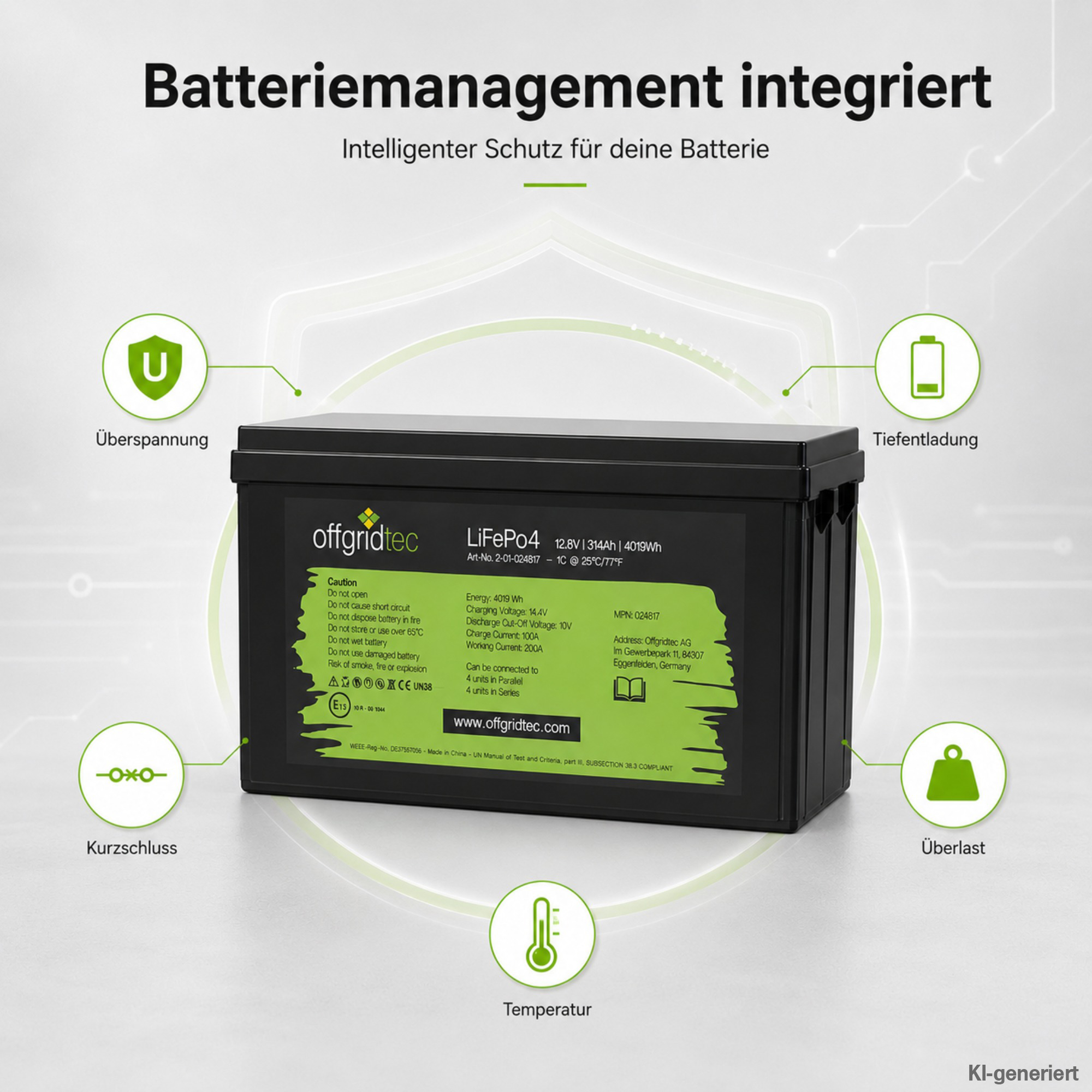 schwarze Offgridtec LiFePO4 Batterie 12V 314Ah integriertes Batteriemanagement