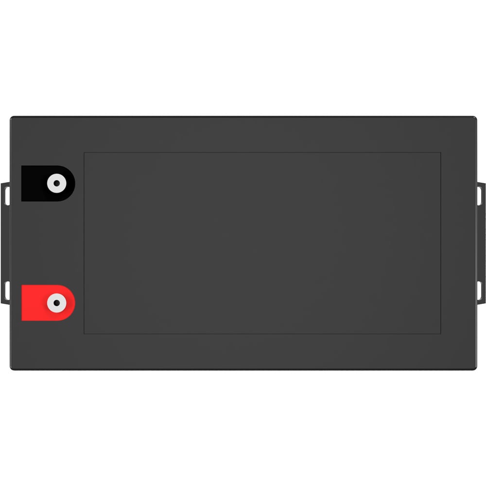 Batterie in schwarz, Ansicht von oben, sichtbare Aufschrift und Ansteckpole