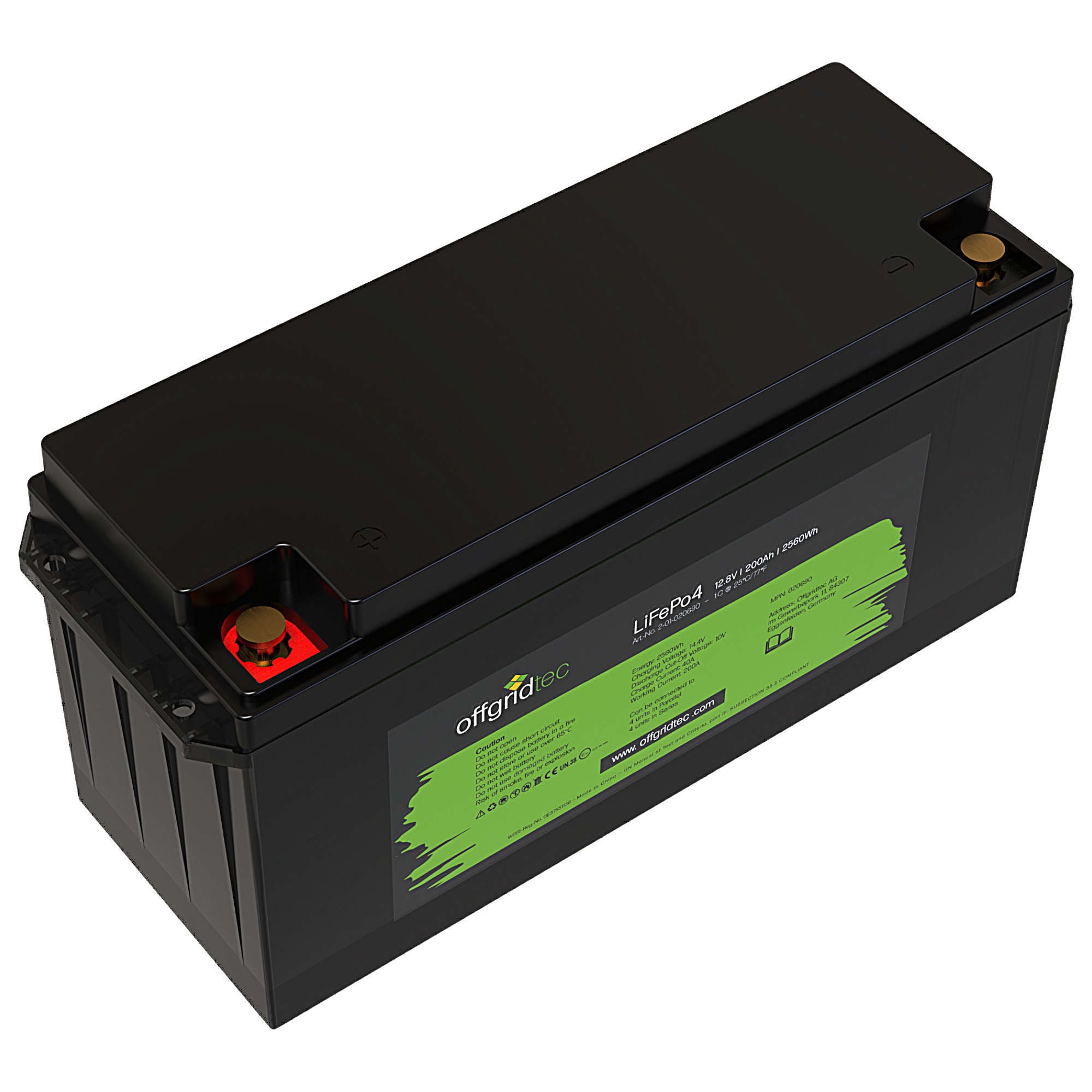 schwarze Offgridtec LiFePO4 Batterie 12V 200Ah Schrägansicht oben links