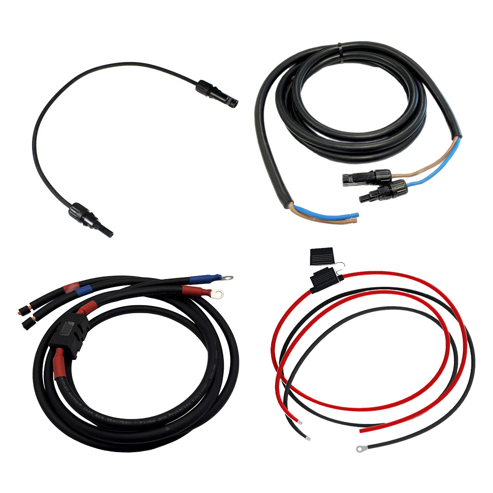 Setansicht der mitgelieferten Kabeln: Wohnmobil-Solarmodul-Verbindungskabel, MC4-Kabel und zwei verschiedene Batteriekabel