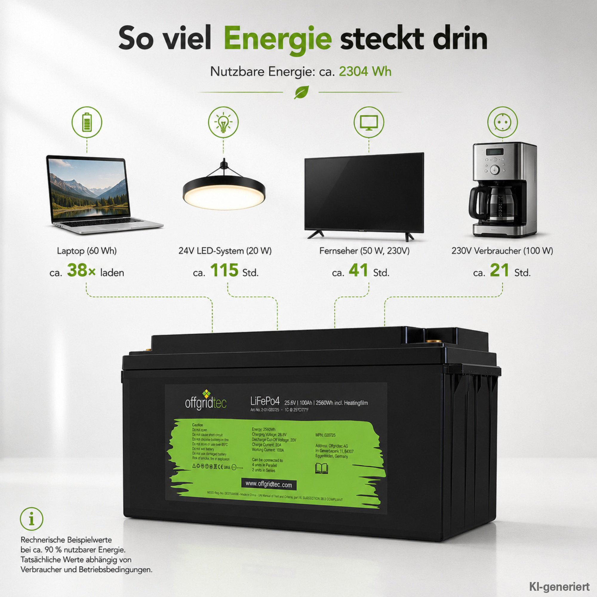schwarze Offgridtec LiFePO4 Batterie mit Heizmatte 24V 100Ah Energieberechnung