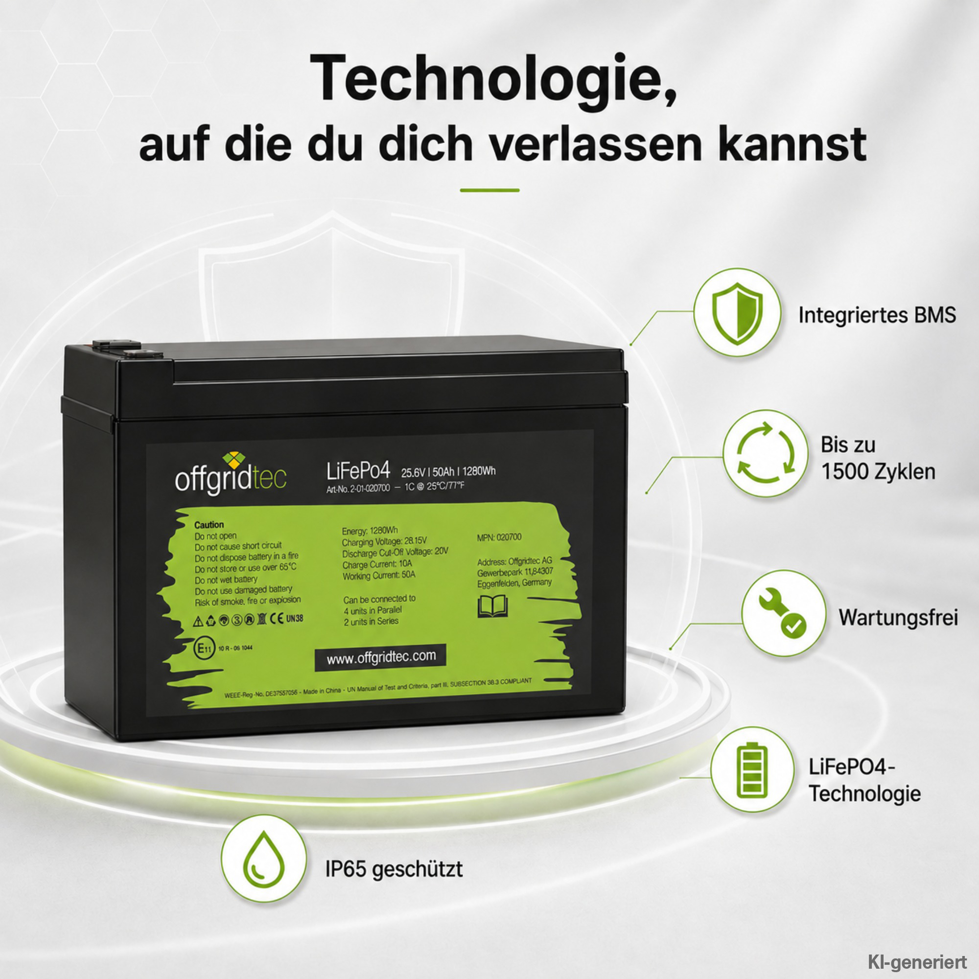 schwarze Offgridtec LiFePO4 Batterie 24V 50Ah Verkaufsargumente um Akku herum