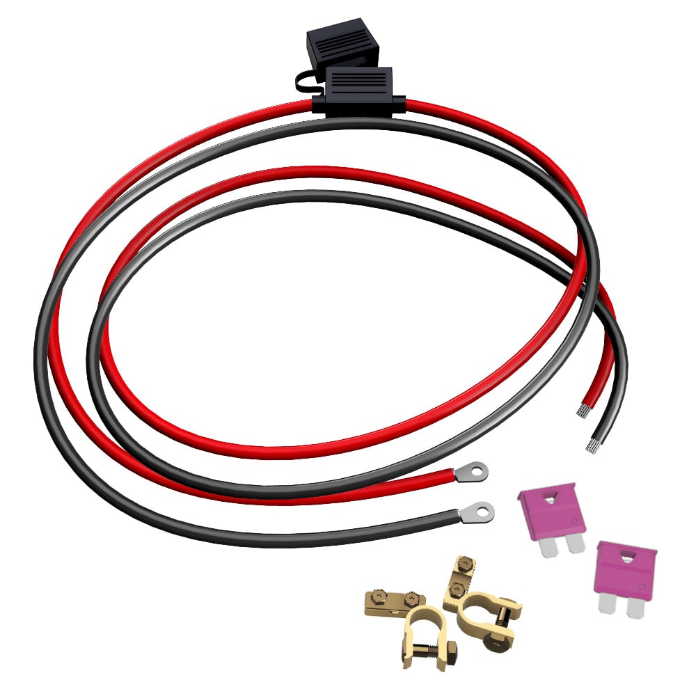 Aufgewickeltes Offgridtec Batteriekabel M8 mit Flachsicherungshalter, schwarz rot inklusive 2x 10A Sicherungen und Polklemmen