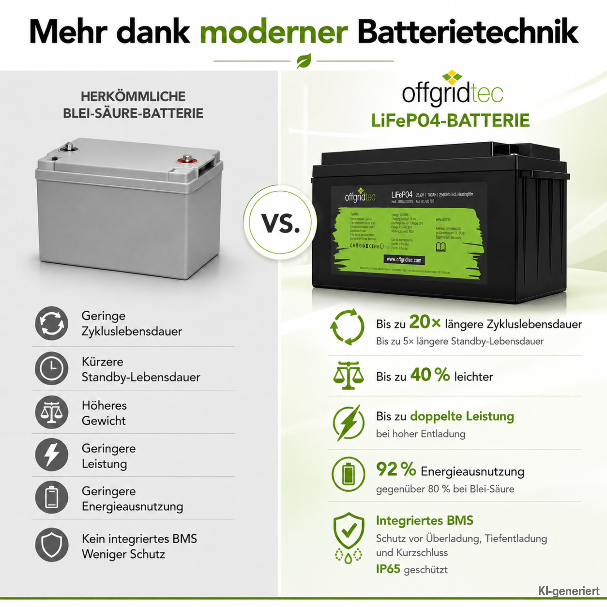 schwarze Offgridtec LiFePO4 Batterie mit Heizmatte 24V 100Ah Vergleich mit Blei-Säure-Akku