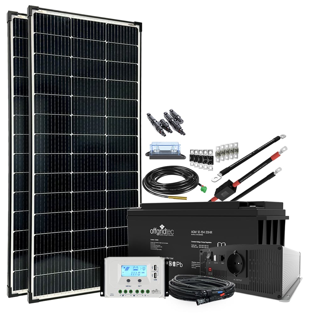 Solaranlage mit allen Komponenten, Solarmodule, Batterie, Solarladeregler, Spannungswandler, Verkabelung und Sicherungen