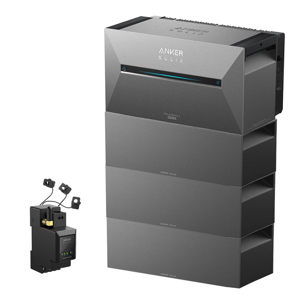 Setansicht: Anker Solix Stromzähler + 3 Stromwandler, daneben die Solix 3 Solarbank Pro E2700 mit 3 Erweiterungsbatterien Setansicht: Anker Solix Stromzähler + 3 Stromwandler, daneben die Solix 3 Solarbank Pro E2700 mit 3 Erweiterungsbatterien