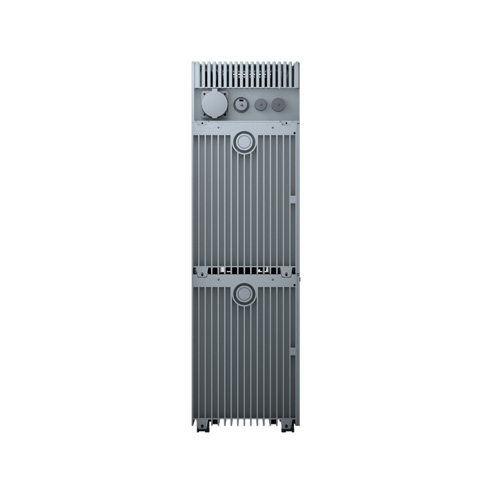 Hoymiles HiBattery HB-4020-X Energiespeicher seitlich mit angebrachtem Erweiterungsakku in grauem Gehäuse mit Kühlrippen und Anschlussbuchsen oben