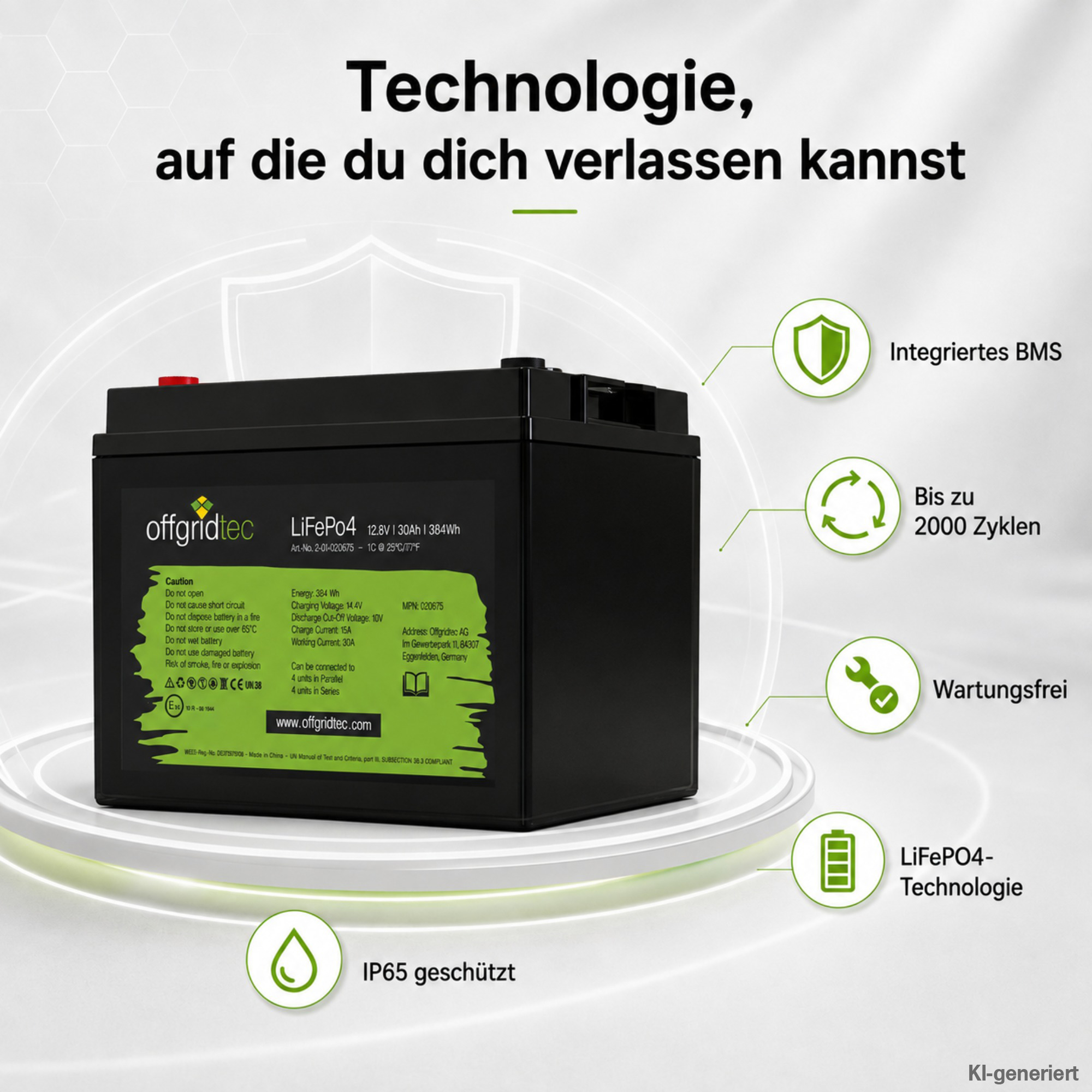 schwarze Offgridtec LiFePO4 Batterie 12V 30Ah Verkaufsargumente um Akku herum