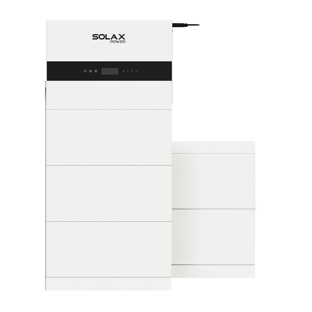 Frontansicht des weißen Solax X3-IES Speichersystems mit Wechselrichter, 5 Batterien und BMS