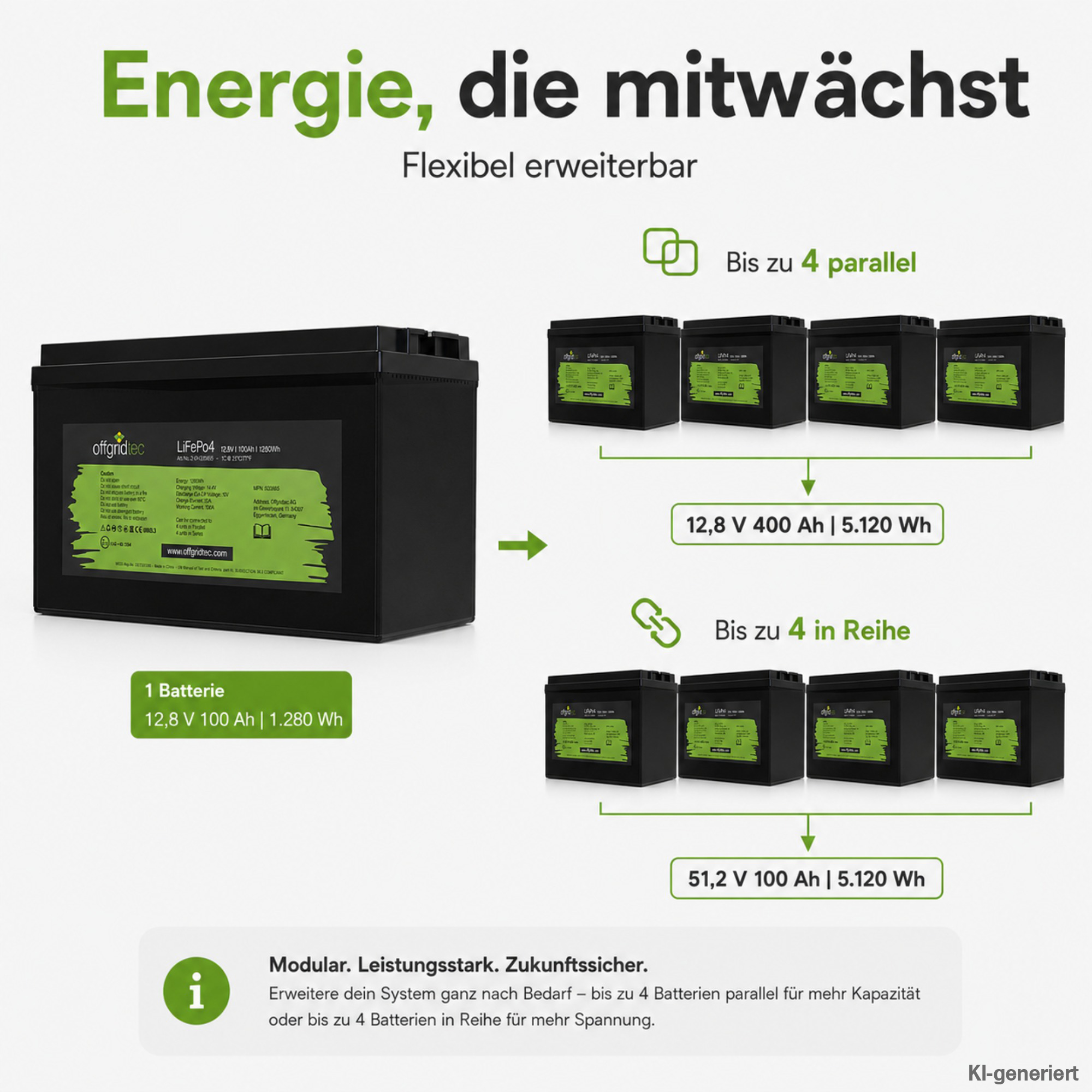 schwarze Offgridtec LiFePO4 Batterie 12V 100Ah Erweiterungsmöglichkeiten parallel und in Reihe
