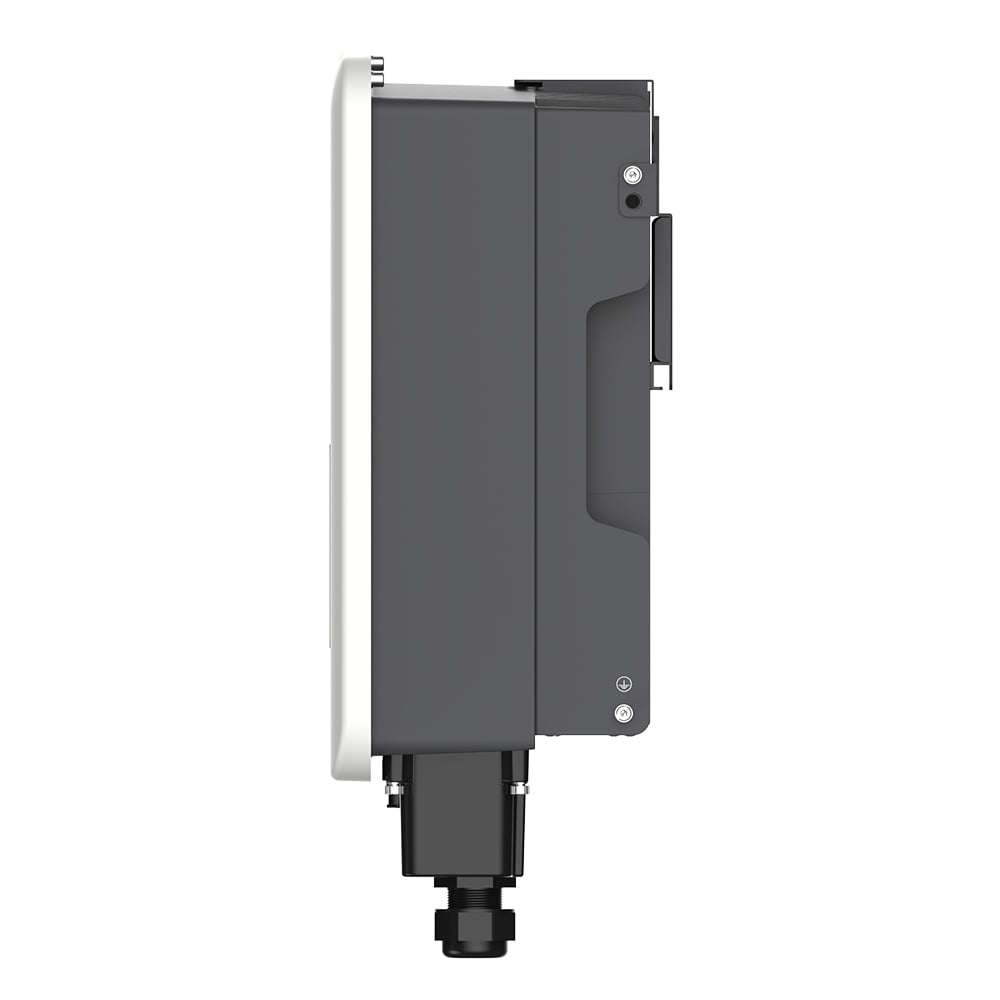 Seitenansicht rechts: Solax X3-Pro-12K-G2 Inverter, weiß-schwarz mit Logo, Bedienfeld, Display und Anschlüssen