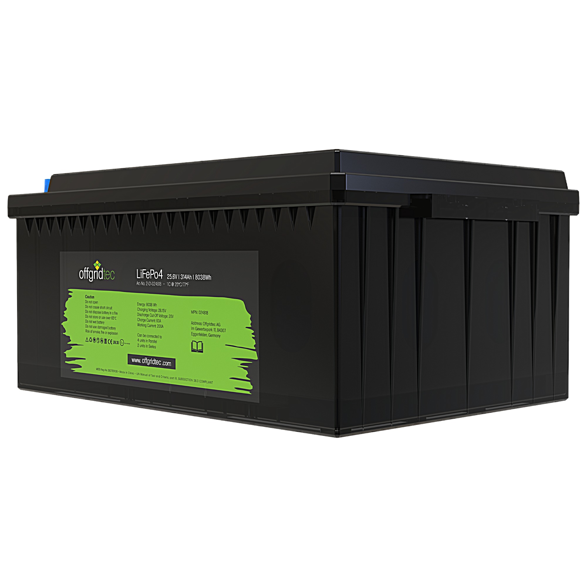 schwarze Offgridtec LiFePO4 Batterie 24V 314Ah schräge Frontansicht rechts