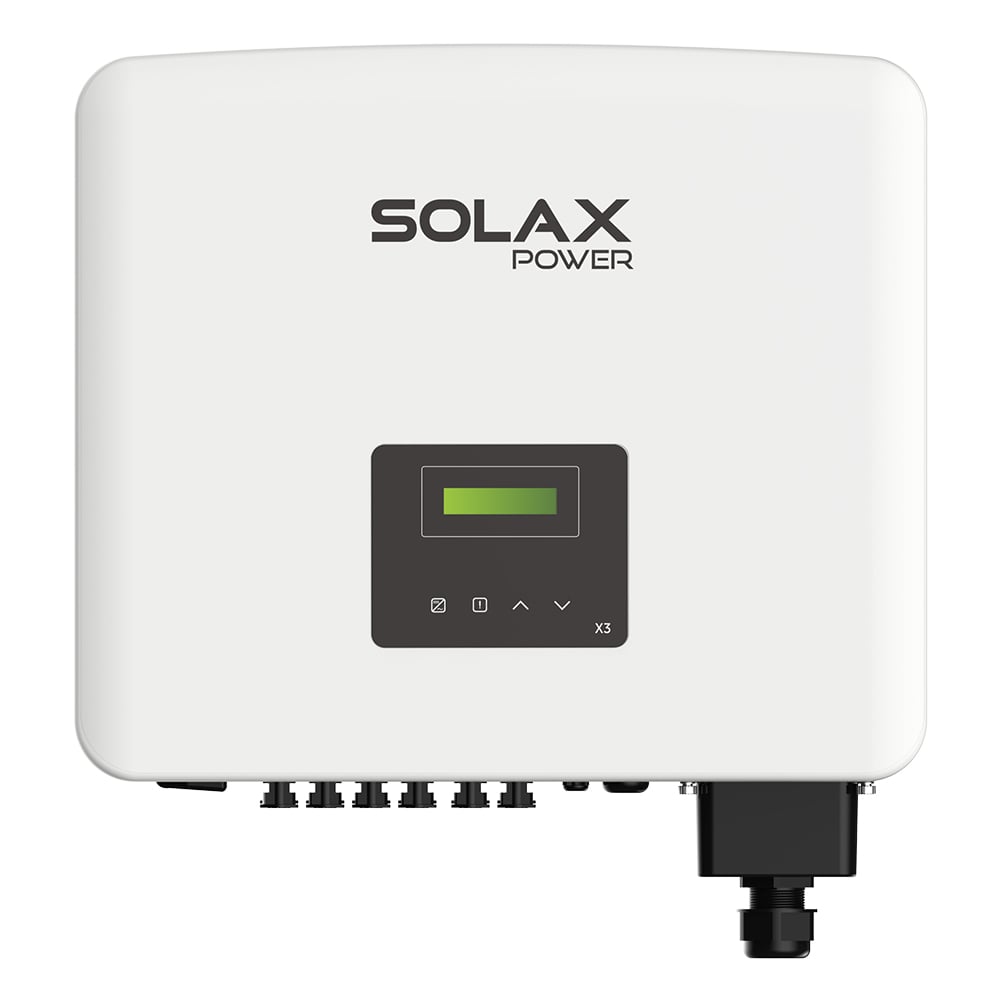 Frontansicht: Solax X3-Pro-12K-G2 Inverter, weiß-schwarz mit Logo, Bedienfeld, Display und Anschlüssen