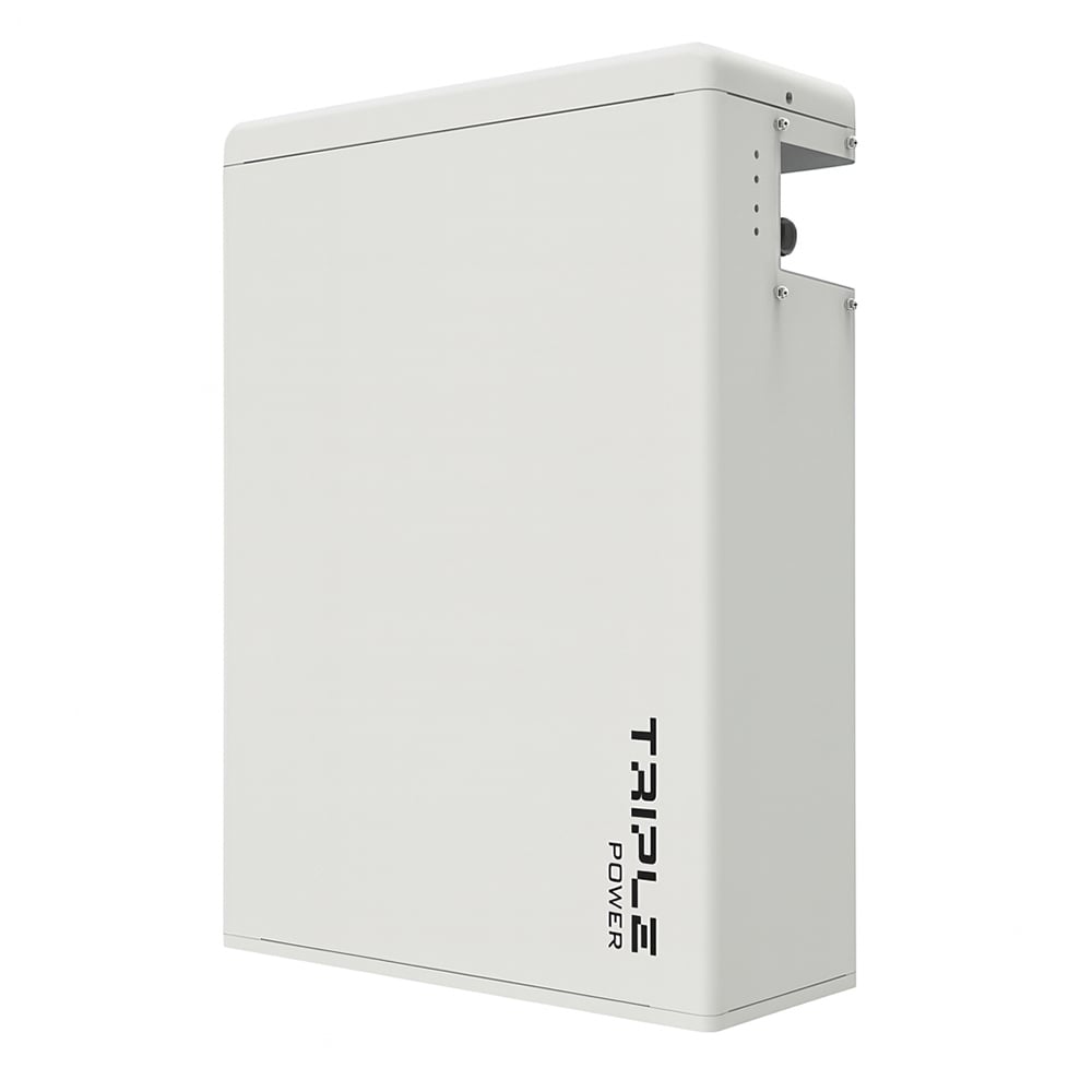 Schrägansicht von rechts: Weiße Solax HV11550 Slave Batterie 5,8 kWh mit TRIPLE Power Logo und LED-Statusanzeigen Schrägansicht von rechts: Weiße Solax HV11550 Slave Batterie 5,8 kWh mit TRIPLE Power Logo und LED-Statusanzeigen